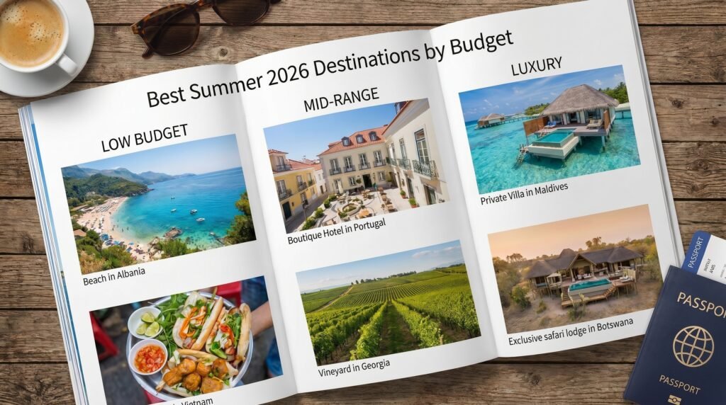 Best Summer 2026 Destinations by Budget travel guide magazine spread showing three budget categories: Low Budget featuring beach in Albania and Vietnamese street food, Mid-Range showcasing boutique hotel in Portugal and vineyard in Georgia, and Luxury displaying private overwater villa in Maldives and exclusive safari lodge in Botswana, styled with coffee, sunglasses, and passport on rustic wooden table