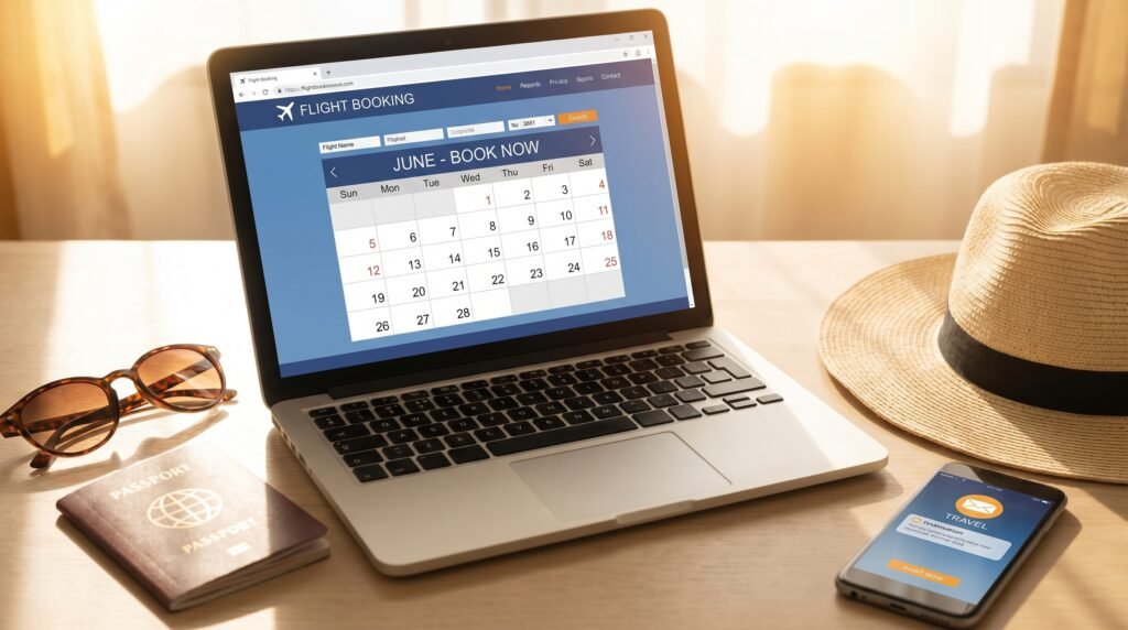 Laptop displaying flight booking website with June calendar and 'Book Now' button on wooden desk, surrounded by travel essentials including passport, sunglasses, straw sun hat, and smartphone showing travel app with booking interface, representing summer vacation planning and online flight reservation