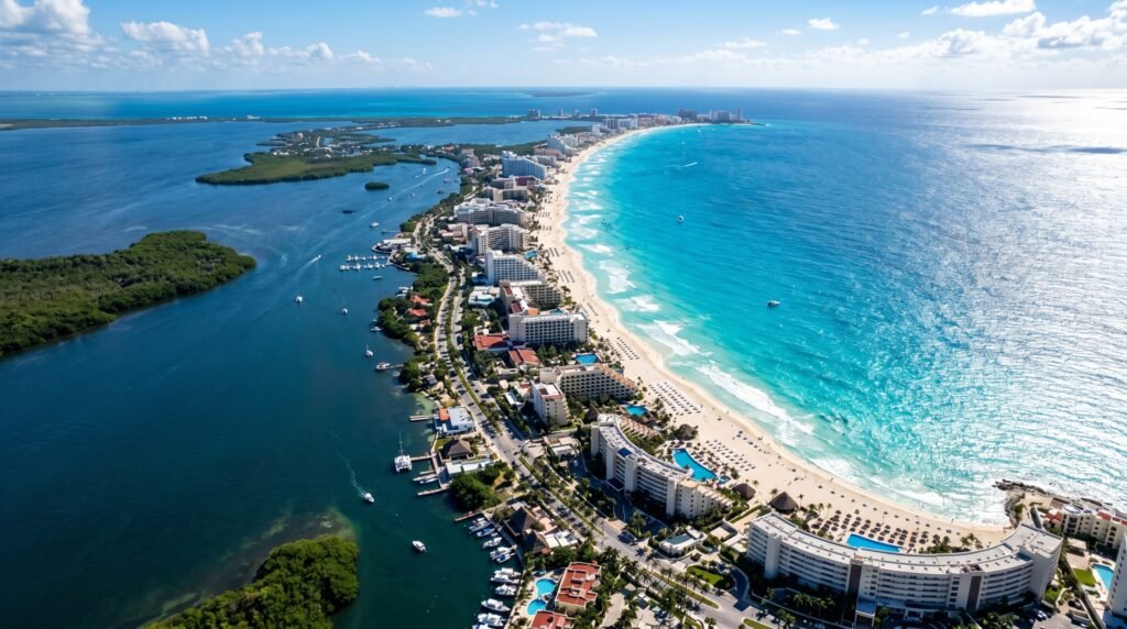 Aerial view of Cancun's Hotel Zone showing the iconic curved beach strip with white sand and turquoise Caribbean Sea on one side and Nichupté Lagoon on the other, luxury resorts and hotels lining the coastline, boats docked in the lagoon, palm trees, and clear blue skies in Mexico's Quintana Roo