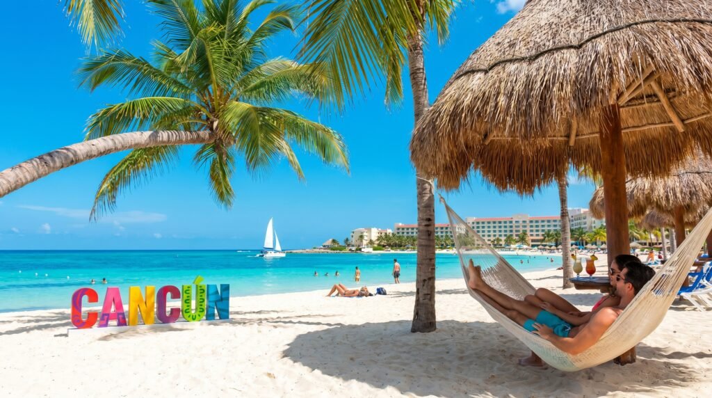 Couple relaxing in a white hammock under a thatched palapa umbrella on Cancun beach, with colorful CANCÚN sign on white sand, turquoise Caribbean water, palm trees, sailboat in background, beachgoers, and hotel resorts along the coastline under clear blue sky