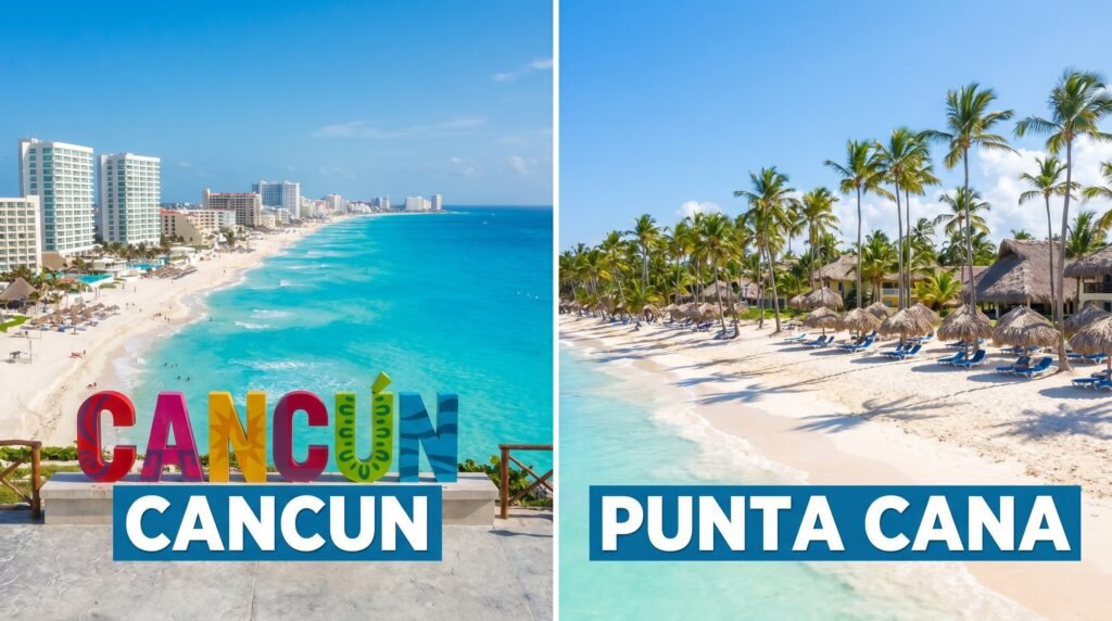 Side-by-side comparison of Cancun and Punta Cana beaches - left shows Cancun's Hotel Zone with colorful CANCUN sign, white sand beach, turquoise Caribbean water, and high-rise resort hotels along the coastline; right displays Punta Cana's tropical beach with palm trees, thatched palapa umbrellas, lounge chairs, white sand, turquoise water, and resort bungalows with thatched roofs under blue sky