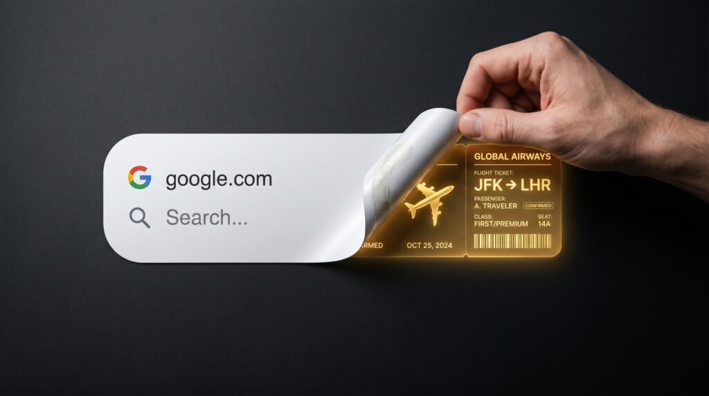 Hand peeling back Google search bar sticker to reveal hidden golden first-class flight ticket from JFK to London Heathrow (LHR) dated October 25, 2024, symbolizing hidden flight deals and cheap airfare secrets that Google Flights doesn't show