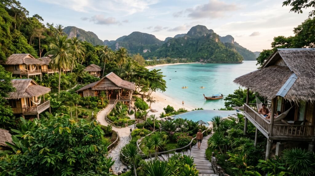 Luxury eco-resort with thatched-roof bungalows on tropical hillside overlooking pristine white sand beach and turquoise bay, infinity pool, wooden walkways through lush vegetation, limestone mountains in background, traditional long-tail boat in water, palm trees, people kayaking and relaxing, Southeast Asian tropical paradise setting