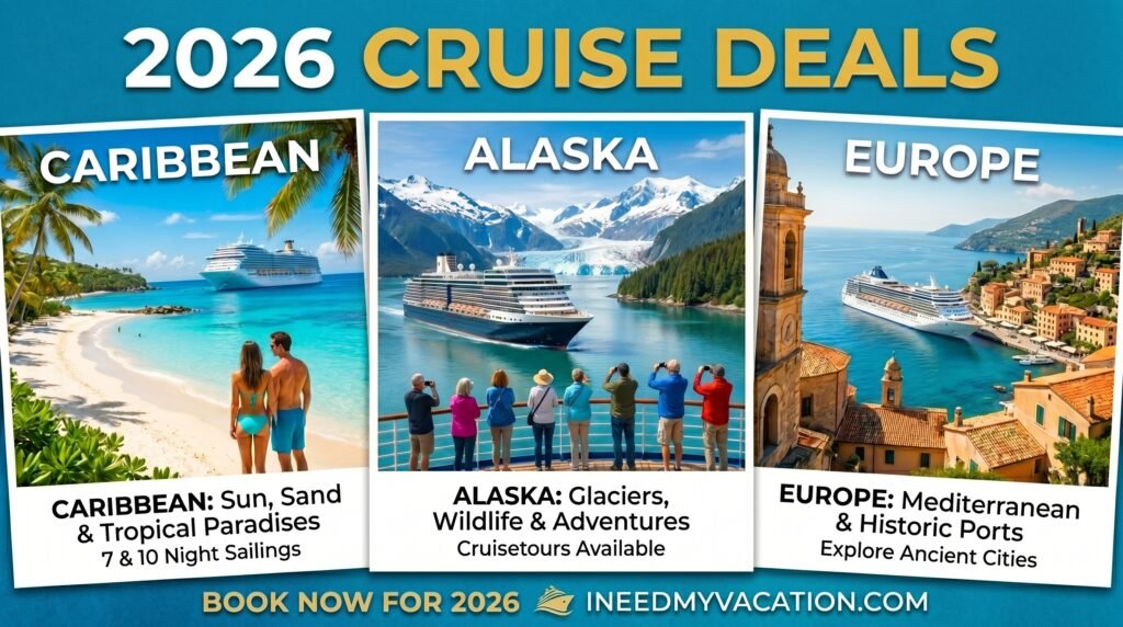 2026 Cruise Deals promotional graphic showing three cruise destinations. Left panel: Caribbean cruise with couple on tropical beach with palm trees, turquoise water, white sand, and cruise ship, offering 7 & 10 night sailings for sun, sand and tropical paradises. Center panel: Alaska cruise ship near glaciers and snow-capped mountains with passengers viewing from deck, featuring glaciers, wildlife and adventures with cruisetours available. Right panel: Europe Mediterranean cruise ship in harbor near historic coastal town with terracotta roofs and church tower, offering Mediterranean and historic ports to explore ancient cities. Blue banner at bottom reads 'BOOK NOW FOR 2026' with cruise ship icon and INEEDMYVACATION.COM website.