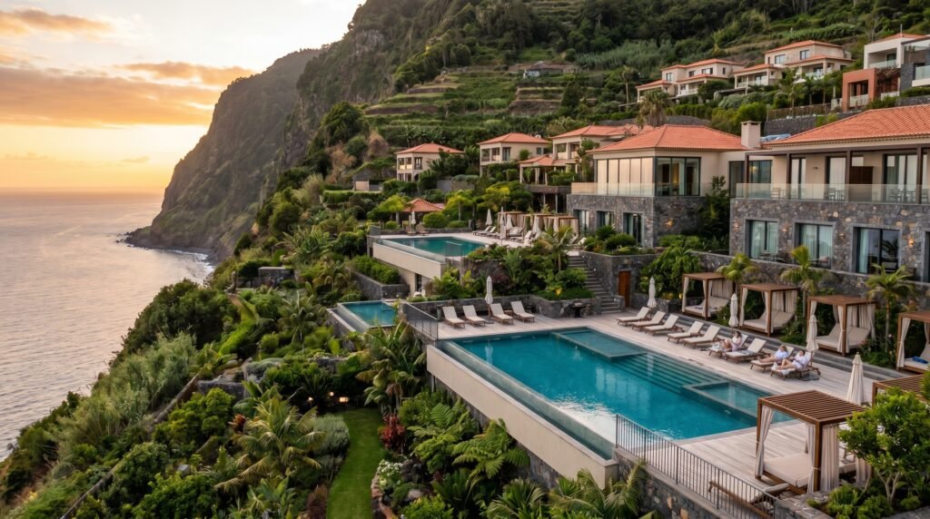Luxury cliffside resort in Madeira featuring multiple terraced infinity pools with turquoise water, modern villas with terracotta roofs and stone facades, lounge chairs and cabanas on wooden decks, lush tropical gardens with palm trees, dramatic green mountain cliffs, and stunning Atlantic Ocean views at golden hour sunset