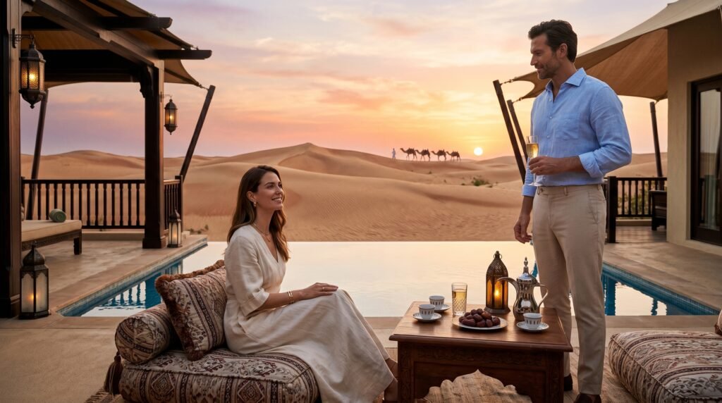 Luxury desert resort terrace at sunset with couple enjoying champagne and traditional Arabic coffee service beside infinity pool, ornate lanterns and patterned cushions, sand dunes and camel caravan in background, warm golden hour lighting, Middle Eastern hospitality experience