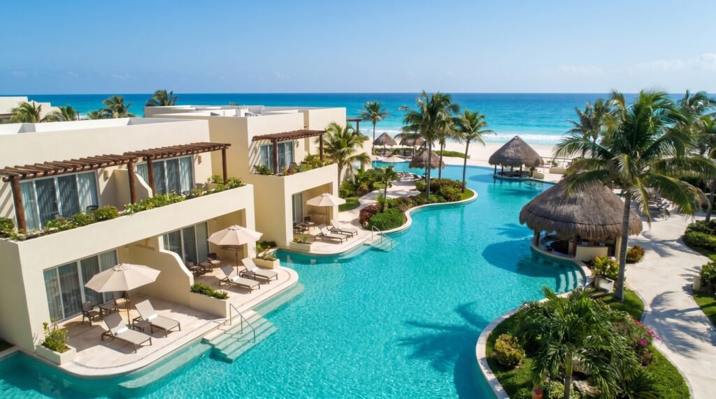 Luxury beachfront resort in Cancun featuring cream-colored multi-level suites with private terraces, wooden pergolas, and swim-up pool access, winding turquoise lagoon-style pool with thatched palapa bars, palm trees, white sand beach, and turquoise Caribbean Ocean under clear blue sky