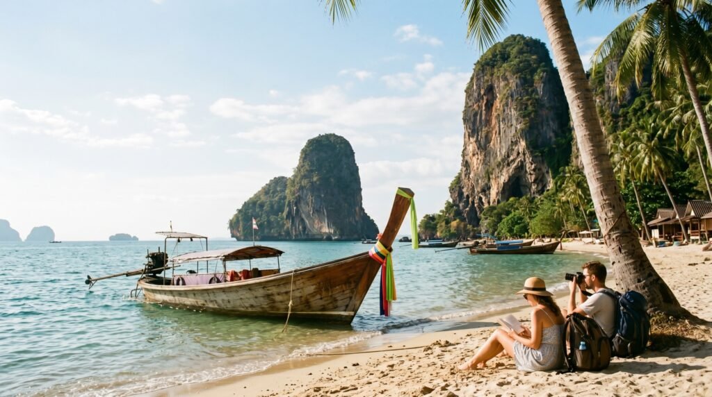 Traditional Thai long-tail boat with colorful ribbons moored at tropical beach with dramatic limestone karsts rising from turquoise water, couple relaxing on sandy shore under palm tree with camera and backpack, Krabi Thailand seascape"