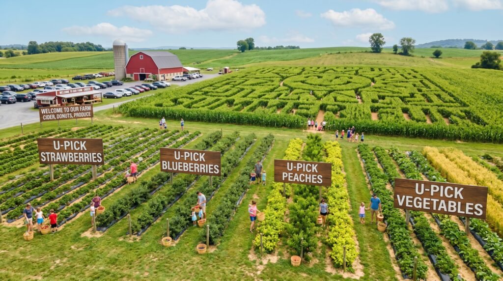 Aerial view of family U-pick farm with multiple crop fields labeled 'U-PICK STRAWBERRIES', 'U-PICK BLUEBERRIES', 'U-PICK PEACHES', and 'U-PICK VEGETABLES', large corn maze in background, red barn with silo, parking lot filled with cars, families with children picking produce in rows, rolling green hills and blue sky, welcome sign reading 'WELCOME TO OUR FARM - CIDER, DONUTS, PRODUCE