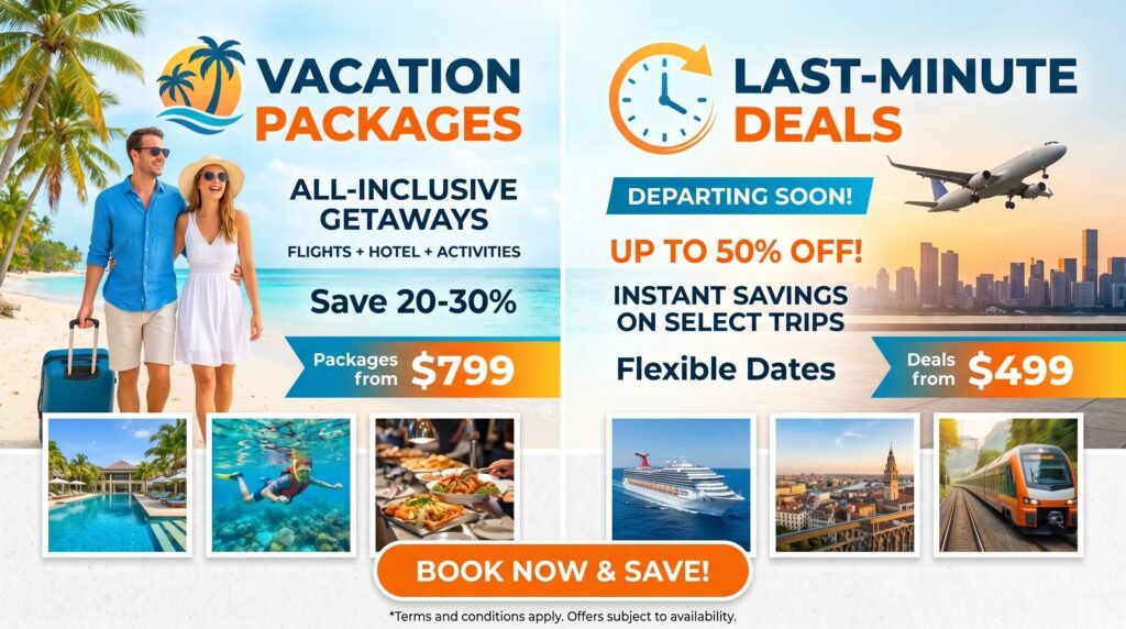Vacation packages and last-minute deals promotional graphic. Left side shows 'VACATION PACKAGES - ALL-INCLUSIVE GETAWAYS' with flights, hotel, and activities, save 20-30%, packages from $799, featuring couple on tropical beach with luggage and photos of resort pool, snorkeling, and buffet. Right side shows 'LAST-MINUTE DEALS - DEPARTING SOON!' with airplane, up to 50% off, instant savings on select trips with flexible dates, deals from $499, featuring photos of cruise ship, city skyline, and train. Orange 'BOOK NOW & SAVE!' call-to-action button at bottom.