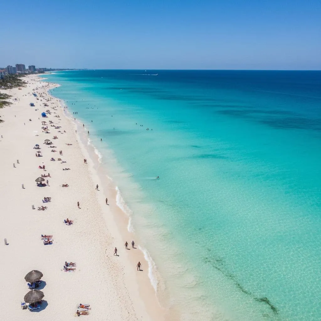 An aerial perspective shows people relaxing on a white sandy beach with a single swimmer in turquoise water.