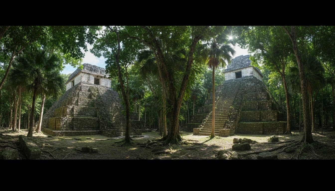Sunlight filters through dense jungle trees onto weathered stone Mayan ruins.