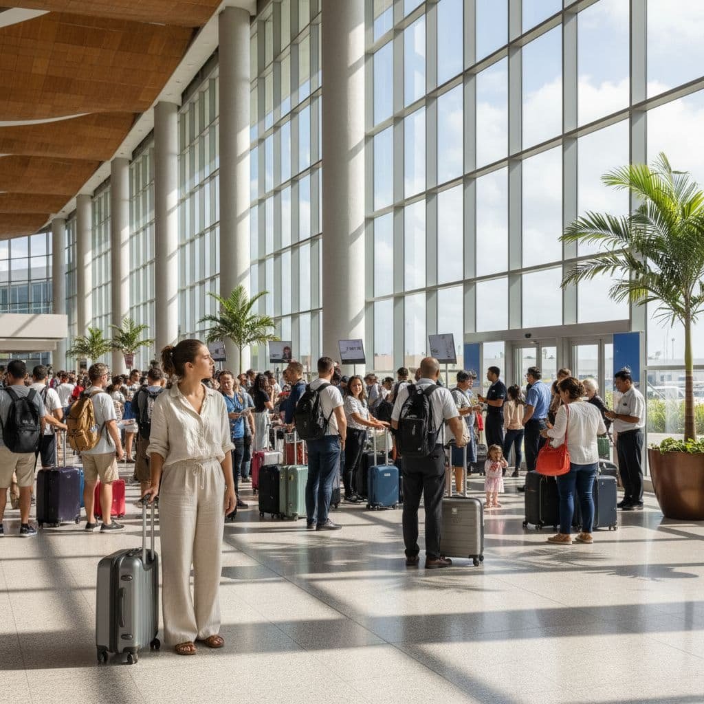A bright, modern arrivals hall at Cancun airport with a lone traveler waiting for transport.