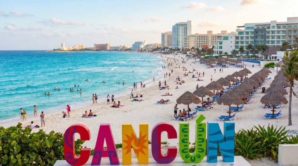 Popular Cancun beach scene featuring the iconic colorful CANCÚN sign in foreground with decorative patterns, turquoise Caribbean Ocean, white sand beach filled with tourists, rows of thatched palapa umbrellas with blue lounge chairs, beachgoers swimming and relaxing, palm trees, and hotel resort buildings lining the coastline under a partly cloudy sky