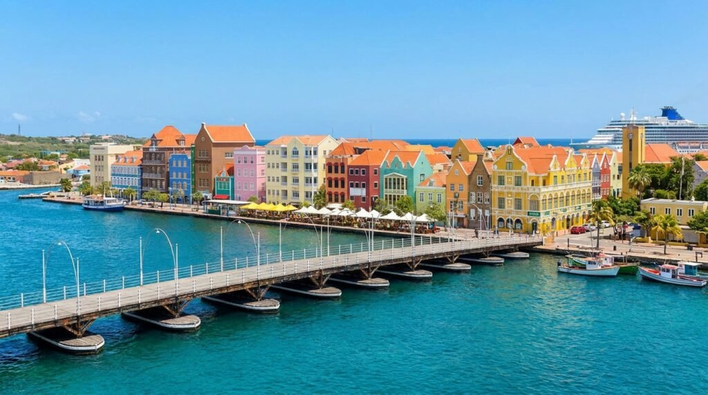 Colorful Dutch colonial buildings in vibrant pink, yellow, orange, blue, and green lining the waterfront of Willemstad, Curaçao, with the iconic Queen Emma floating pontoon bridge crossing turquoise harbor water, cruise ship in background, and palm trees under clear blue sky