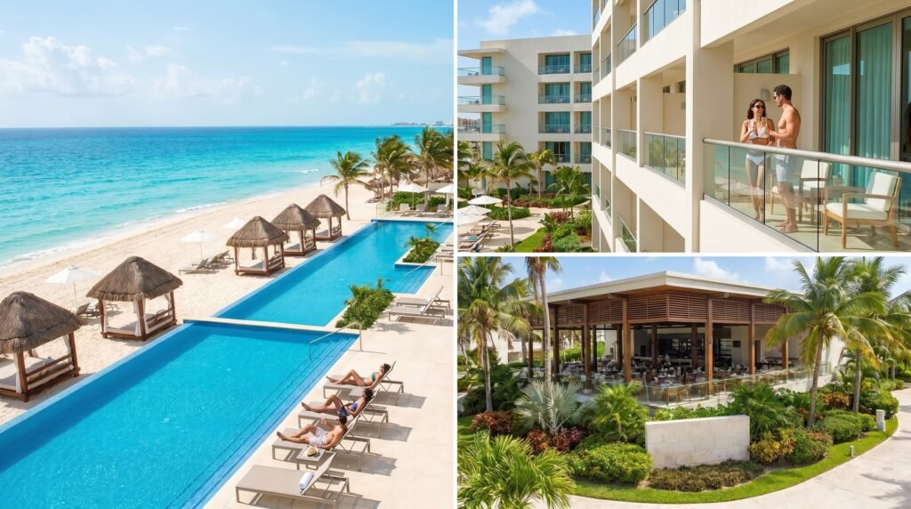 Luxury Cancun resort featuring an expansive infinity pool overlooking turquoise Caribbean beach with white sand, thatched palapa umbrellas, and palm trees; modern hotel suites with glass balconies where a couple enjoys champagne; and an open-air restaurant with wooden pergola surrounded by tropical gardens and lush landscaping