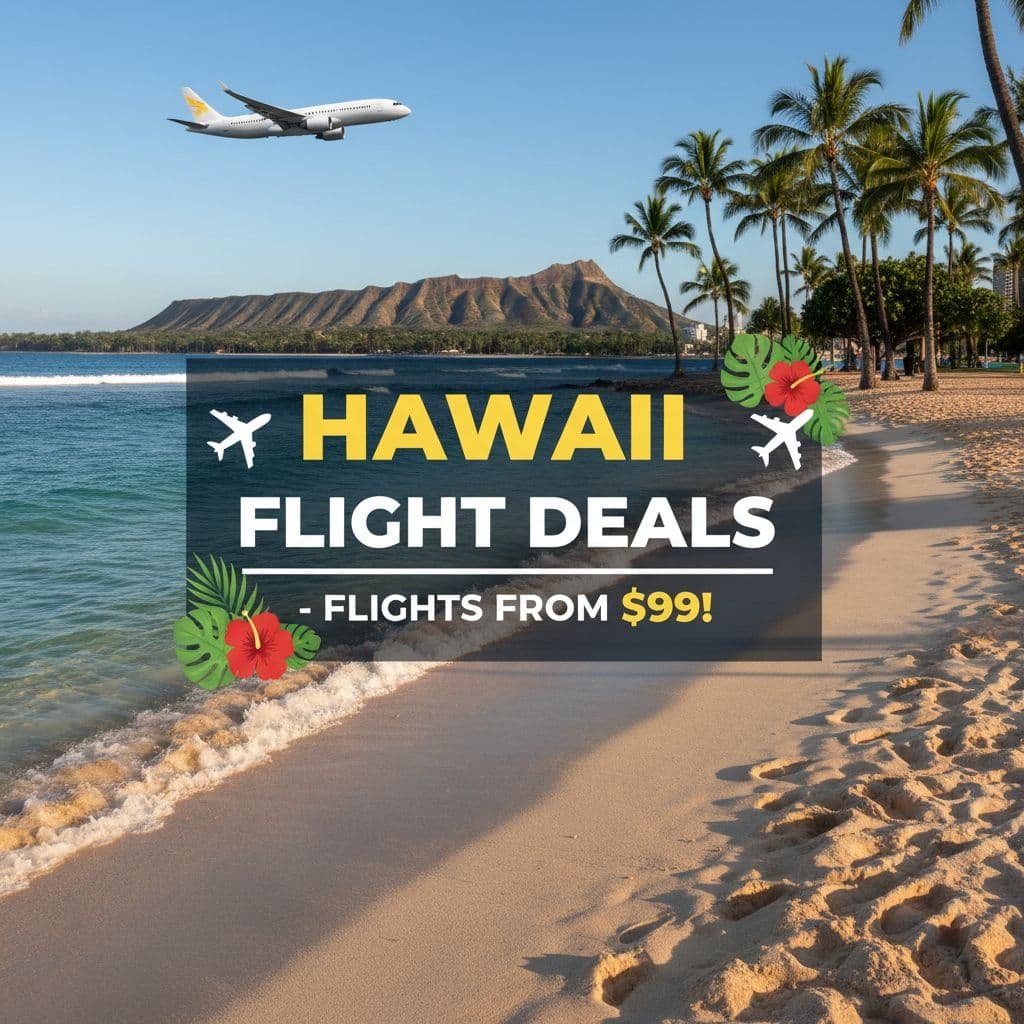 Promotional image for Hawaii flight deals showing Diamond Head crater and tropical beach with palm trees, airplane flying overhead in blue sky, turquoise ocean waves on sandy shore, with text overlay reading 'HAWAII FLIGHT DEALS - FLIGHTS FROM $99!' decorated with hibiscus flowers and monstera leaves
