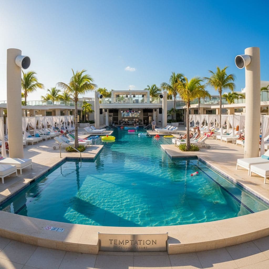 A bright, energetic resort swimming pool area designed for social gatherings and daytime entertainment.