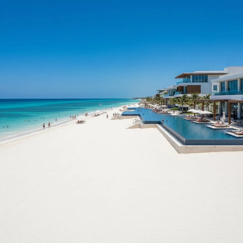 A modern beachfront resort in Cancun featuring white sand, turquoise waters, and multi-level infinity pools.
