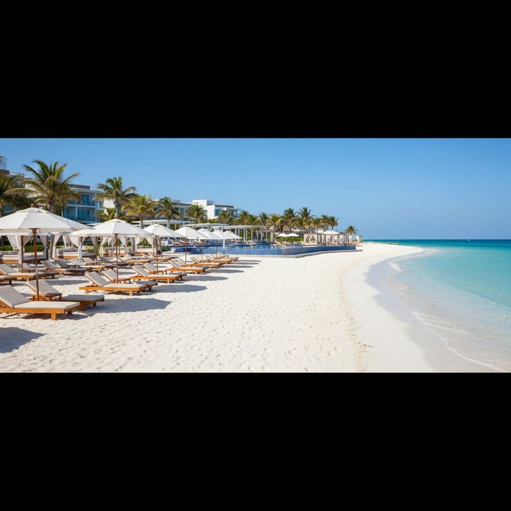 Empty lounge chairs and umbrellas sit on the white sand beach overlooking turquoise Caribbean waters.