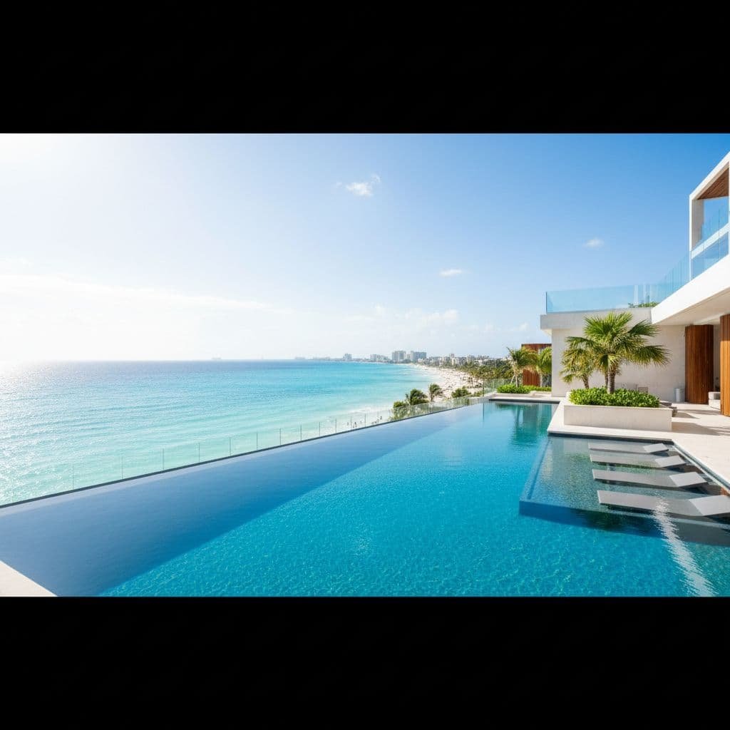 A modern infinity pool overlooks the turquoise ocean at a high-end resort in Cancun.