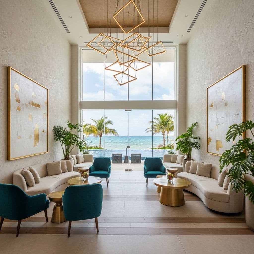 A stylish, contemporary lounge area at a Cancun resort featuring elegant furniture and modern ambient lighting.