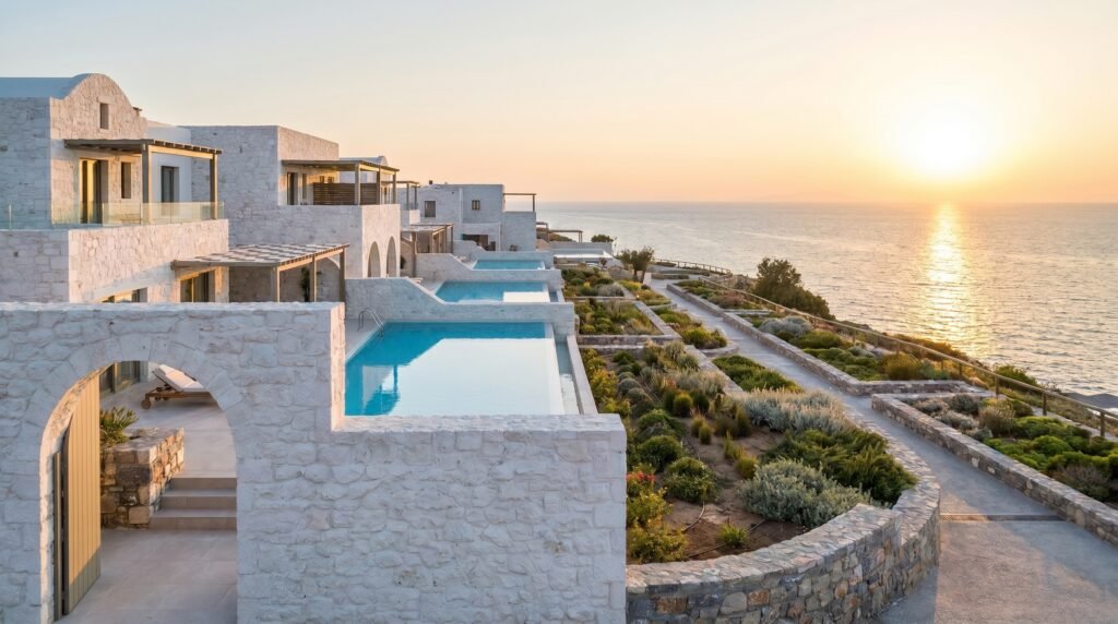 Luxury white stone resort in Rhodes featuring terraced infinity pools overlooking the Aegean Sea at sunset, with traditional Cycladic architecture, landscaped gardens with native Mediterranean plants, stone pathways, and golden hour lighting reflecting on the water