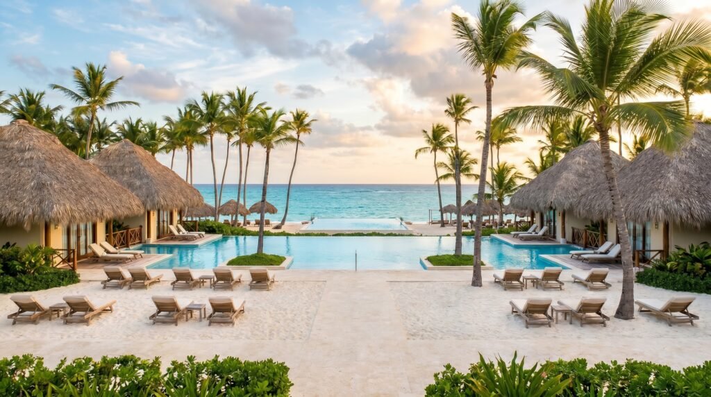 "Luxury Punta Cana adults-only resort featuring multiple thatched-roof bungalows with private pools, expansive infinity pool overlooking turquoise Caribbean Ocean, white sand beach area with wooden lounge chairs, tall palm trees throughout property, and stunning sunset sky creating a romantic tropical getaway atmosphere