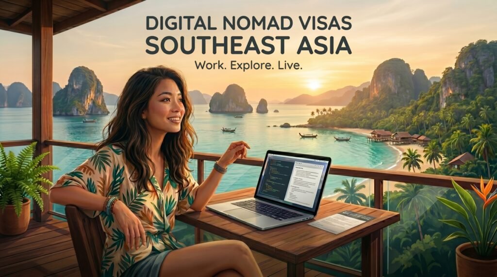 Digital nomad woman working on laptop at wooden desk on tropical balcony overlooking stunning Southeast Asian bay with limestone karsts, turquoise water, beach huts and palm trees at sunset. Text overlay reads 'DIGITAL NOMAD VISAS SOUTHEAST ASIA - Work. Explore. Live.' Illustrating remote work lifestyle and visa opportunities in tropical paradise destination.