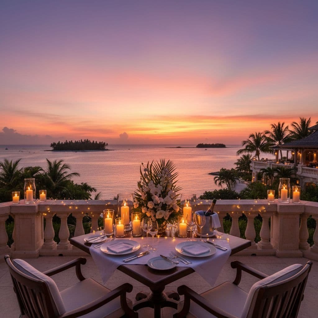 A set table for two sits on a tropical terrace at sunset with an ocean view.
