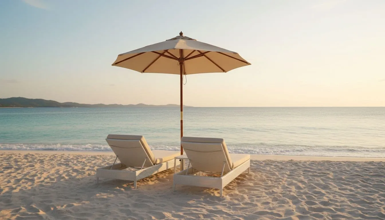 Two lounge chairs sit under an umbrella on a sandy beach overlooking a calm ocean.