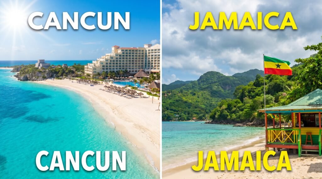 Side-by-side comparison of Cancun and Jamaica beaches - left shows Cancun's turquoise Caribbean waters with white sand beach, large luxury resort complex, palm trees, and Mayan ruins on rocky coastline; right displays Jamaica's lush green mountainous landscape with calm turquoise bay, colorful beach bar with green roof, and tropical vegetation under partly cloudy sky