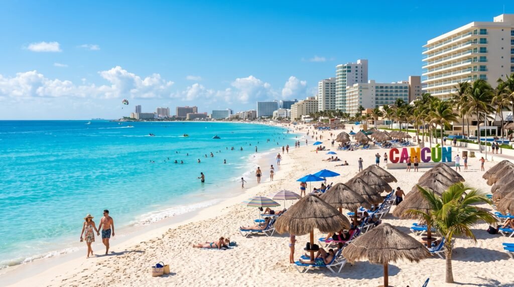 Aerial view of Cancun's famous Hotel Zone beach with turquoise Caribbean waters and white sand, colorful CANCÚN sign on the beach, thatched palm umbrellas and blue beach umbrellas providing shade for sunbathers, people swimming and walking along the shore, high-rise hotels and resorts lining the coastline, parasailing and water sports visible in the distance under a clear blue sky with scattered clouds
