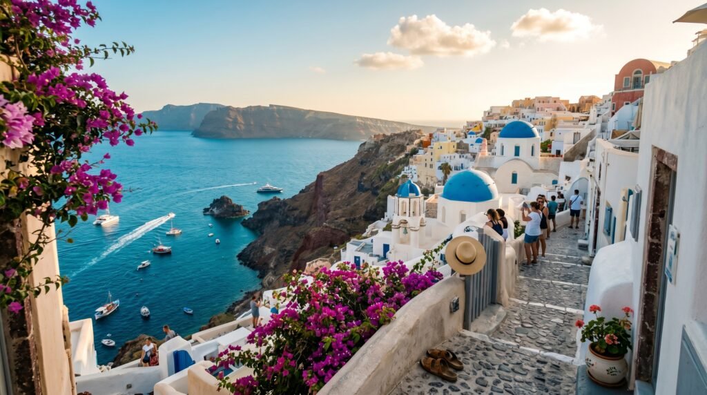 Stunning view of Santorini's iconic Oia village at golden hour, featuring traditional white-washed Cycladic buildings with signature blue-domed churches, vibrant pink bougainvillea flowers cascading down stone walls, narrow cobblestone pathways with tourists exploring, the dramatic volcanic caldera with deep azure waters, several boats and yachts sailing in the bay, rugged cliff faces in the background, and the famous Mediterranean architecture that makes Santorini one of Greece's most photographed destinations