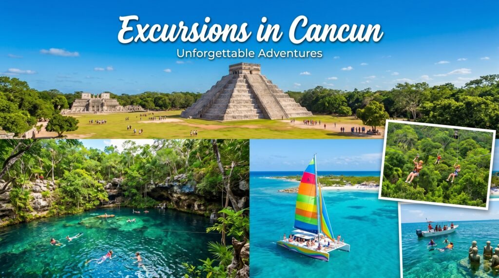 Excursions in Cancun - Unforgettable Adventures collage featuring top tourist activities: Chichen Itza's iconic El Castillo pyramid with visitors exploring the ancient Maya ruins, crystal-clear cenote with tourists swimming in turquoise freshwater surrounded by lush jungle vegetation, colorful rainbow-sailed catamaran cruising on turquoise Caribbean waters, adventure seekers zip-lining through dense tropical rainforest canopy, and boat tour near underwater sculpture museum with snorkelers and divers exploring submerged art installations