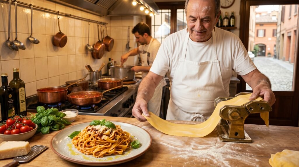 Professional Italian chef in white apron making fresh pasta with a traditional pasta machine in a trattoria kitchen, rolling out tagliatelle dough on a floured wooden counter with a plated dish of fresh pasta bolognese garnished with basil and parmesan in the foreground, copper pots hanging on cream-tiled walls, another chef cooking at the stove in the background, fresh ingredients including cherry tomatoes, basil, olive oil and parmesan cheese on the counter, view of Italian street through window