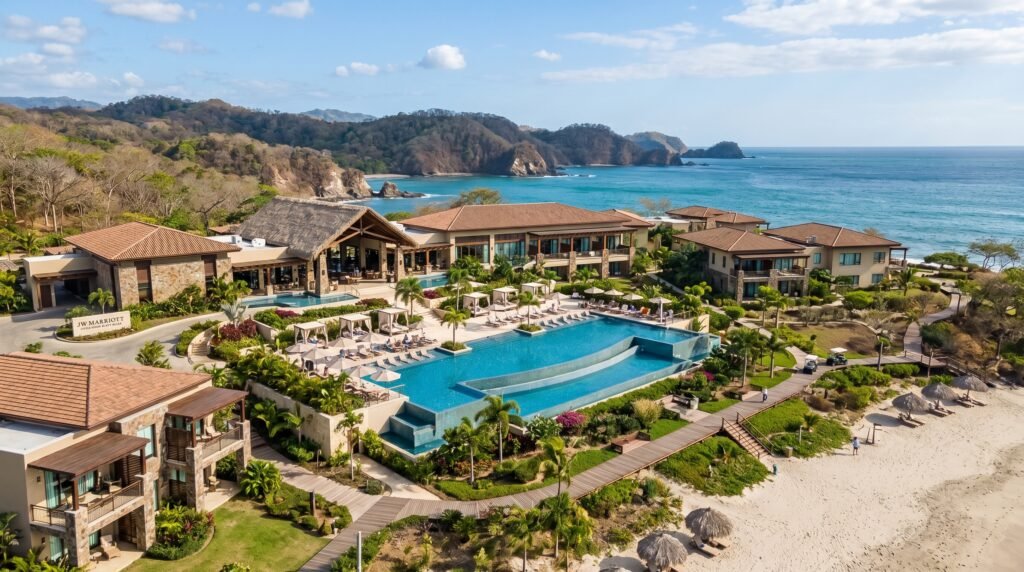 Aerial view of JW Marriott Costa Elena Resort and Spa in Guanacaste, Costa Rica, featuring terracotta-roofed luxury buildings, large tiered infinity pool with turquoise water, palm trees, white sand beach, and dramatic Pacific Ocean coastline with rocky headlands and lush hills in the background