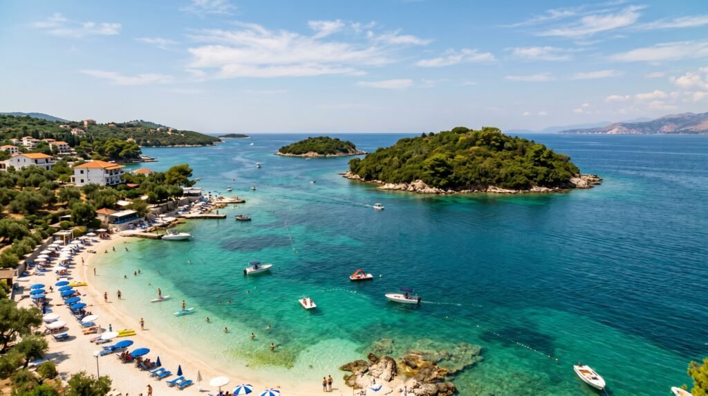 Aerial view of a stunning Mediterranean coastal bay featuring crystal-clear turquoise waters with small forested islands, white sandy beach lined with blue umbrellas and sun loungers, several small boats and watercraft anchored in the calm bay, traditional white buildings with terracotta roofs nestled among lush green vegetation on the hillside, rocky coastline with swimming areas, and distant mountains across the azure sea under a partly cloudy blue sky