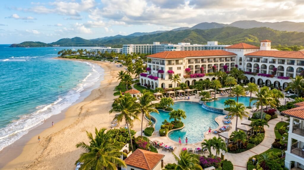 Aerial view of a luxury beachfront resort in Puerto Rico featuring white Mediterranean-style buildings with terracotta tile roofs and vibrant purple bougainvillea flowers, multiple curved swimming pools surrounded by palm trees and lounge chairs, golden sandy beach with turquoise Caribbean waters, guests walking along the shore and relaxing by the pool, modern white hotel buildings in the background, lush green mountains rising in the distance under a partly cloudy sky