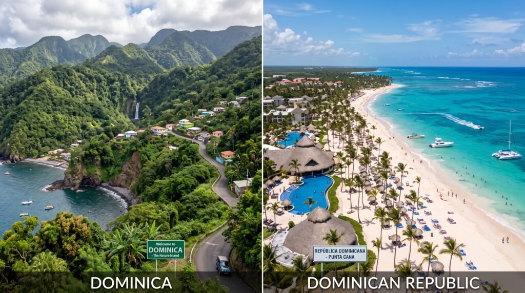 Side-by-side comparison of Dominica and the Dominican Republic showing two distinct Caribbean vacation styles. Left side: Dominica - The Nature Island featuring lush green rainforest-covered mountains, a cascading waterfall, winding coastal road with colorful houses, rocky coastline with small boats in turquoise water, and a green road sign reading 'Welcome to DOMINICA - The Nature Island'. Right side: Dominican Republic - Punta Cana resort area featuring a sprawling white sand beach lined with palm trees, luxury resort buildings with thatched roofs, large blue swimming pools, turquoise Caribbean ocean with boats and jet skis, and a white sign reading 'REPÚBLICA DOMINICANA - PUNTA CANA'. The image contrasts Dominica's eco-tourism and natural beauty with the Dominican Republic's beach resort tourism