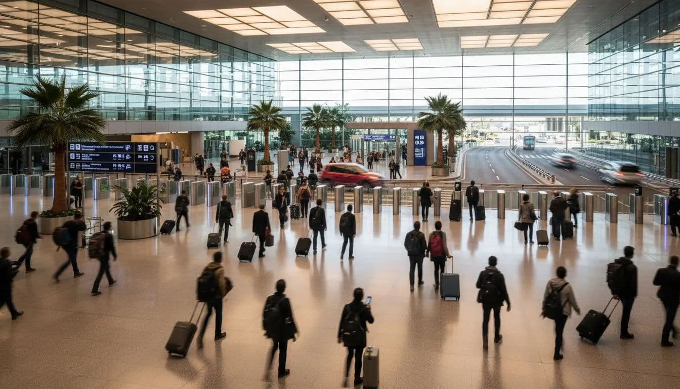 Travelers with suitcases traverse a spacious sunlit airport terminal featuring high ceilings and glass walls with motion blur capturing steady flow of passengers.