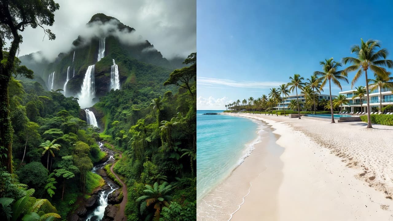 A side-by-side view contrasts a misty jungle-covered volcanic landscape featuring cascading waterfalls with a sunny expansive white-sand coastline lined by swaying palm trees and an elegant luxury resort.