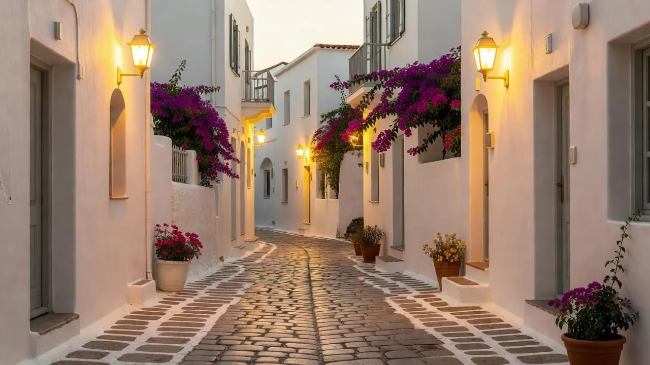 Whitewashed stone walls line a narrow pristine cobblestone street under soft evening light with vibrant pink bougainvillea blooms.