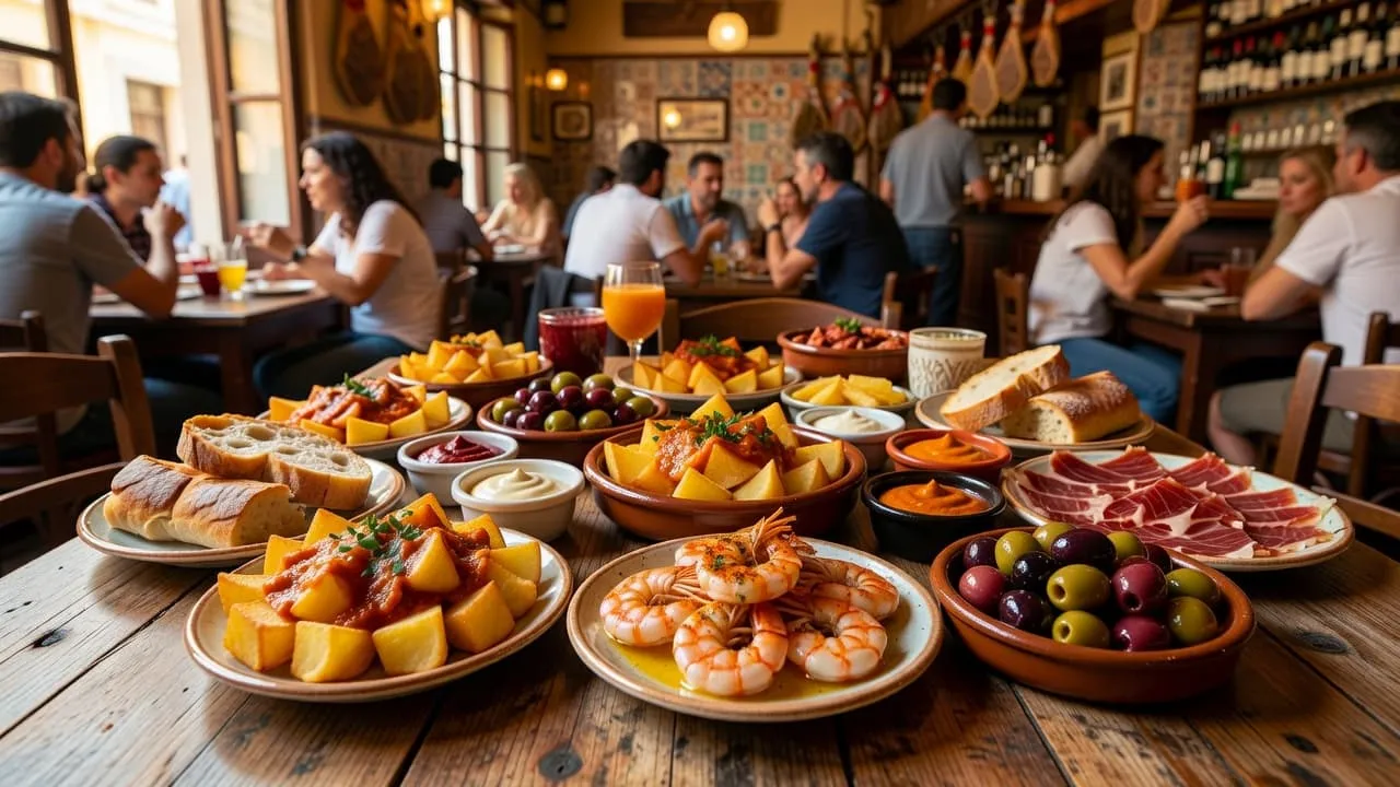 An assortment of patatas bravas, seared shrimp, and green olives sits on small ceramic plates across a weathered wooden table in a cozy Spanish tavern.