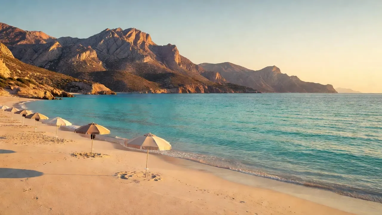 Turquoise waters lap against the sandy shore of Crete as rugged mountains loom in the distance under a warm golden sun.
