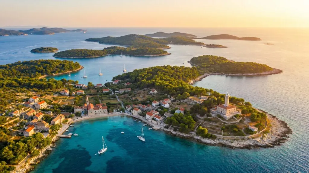 Stunning aerial view of a Croatian Dalmatian island at golden hour featuring a picturesque coastal village with traditional stone houses and terracotta roofs nestled in a turquoise bay, a historic lighthouse on a rocky promontory, several sailboats anchored in crystal-clear waters, lush green pine forests covering the island, rocky coastline with stone walls, and multiple forested islands scattered across the calm Adriatic Sea with mountains visible in the background