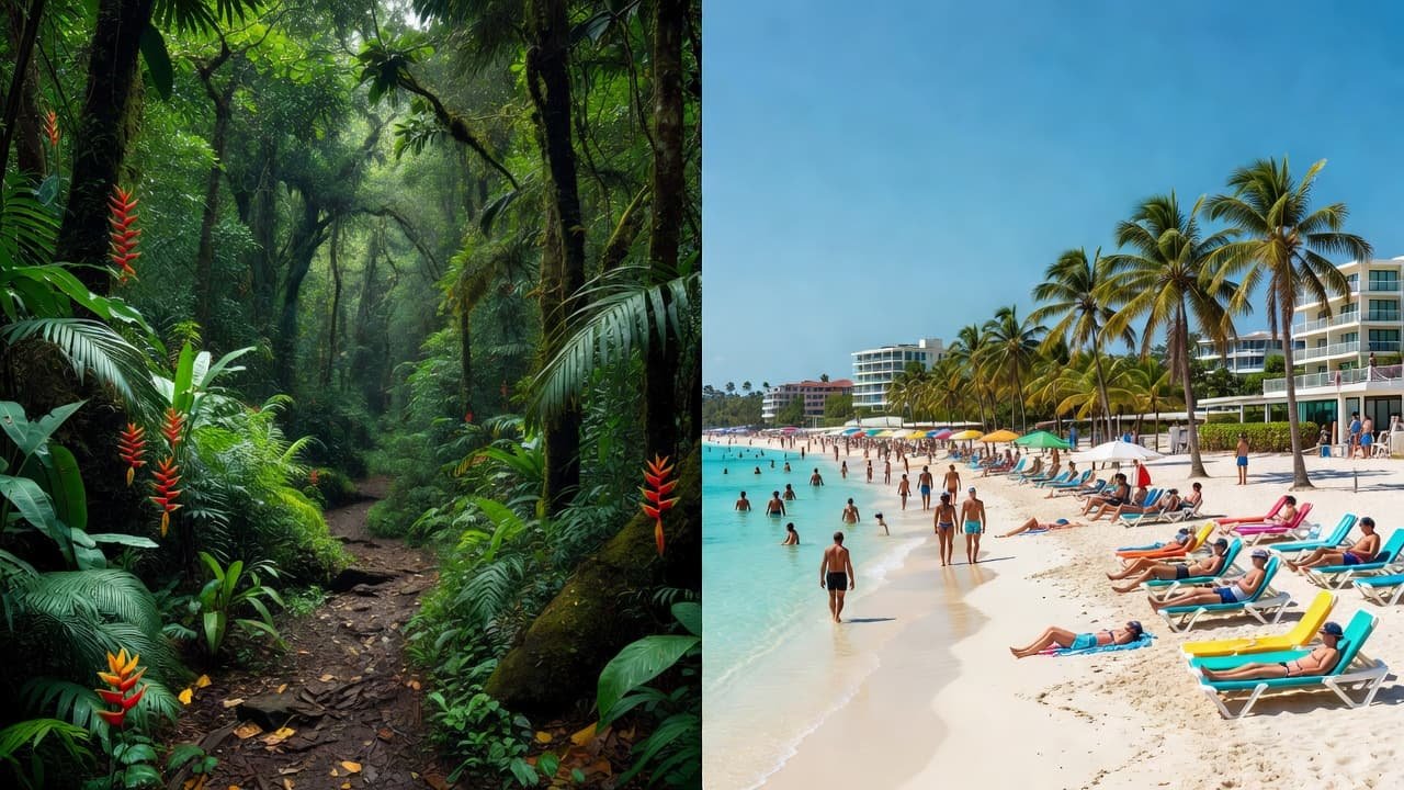A split composition contrasts a dense emerald rainforest hiking trail in Dominica with a bustling sunny beach lined with resort chairs and swaying palm trees in the Dominican Republic.