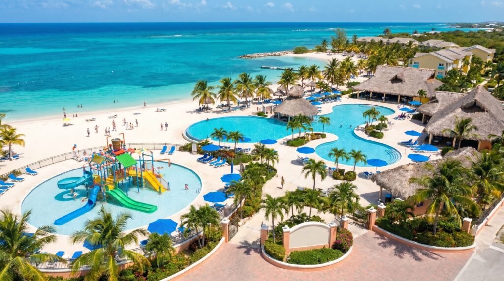 Aerial view of a family-friendly Caribbean resort featuring a vibrant water park with colorful slides and splash zones, multiple swimming pools surrounded by palm trees and thatched-roof cabanas, white sand beach with turquoise ocean, blue umbrellas, lounge chairs, and families enjoying the sunny tropical setting