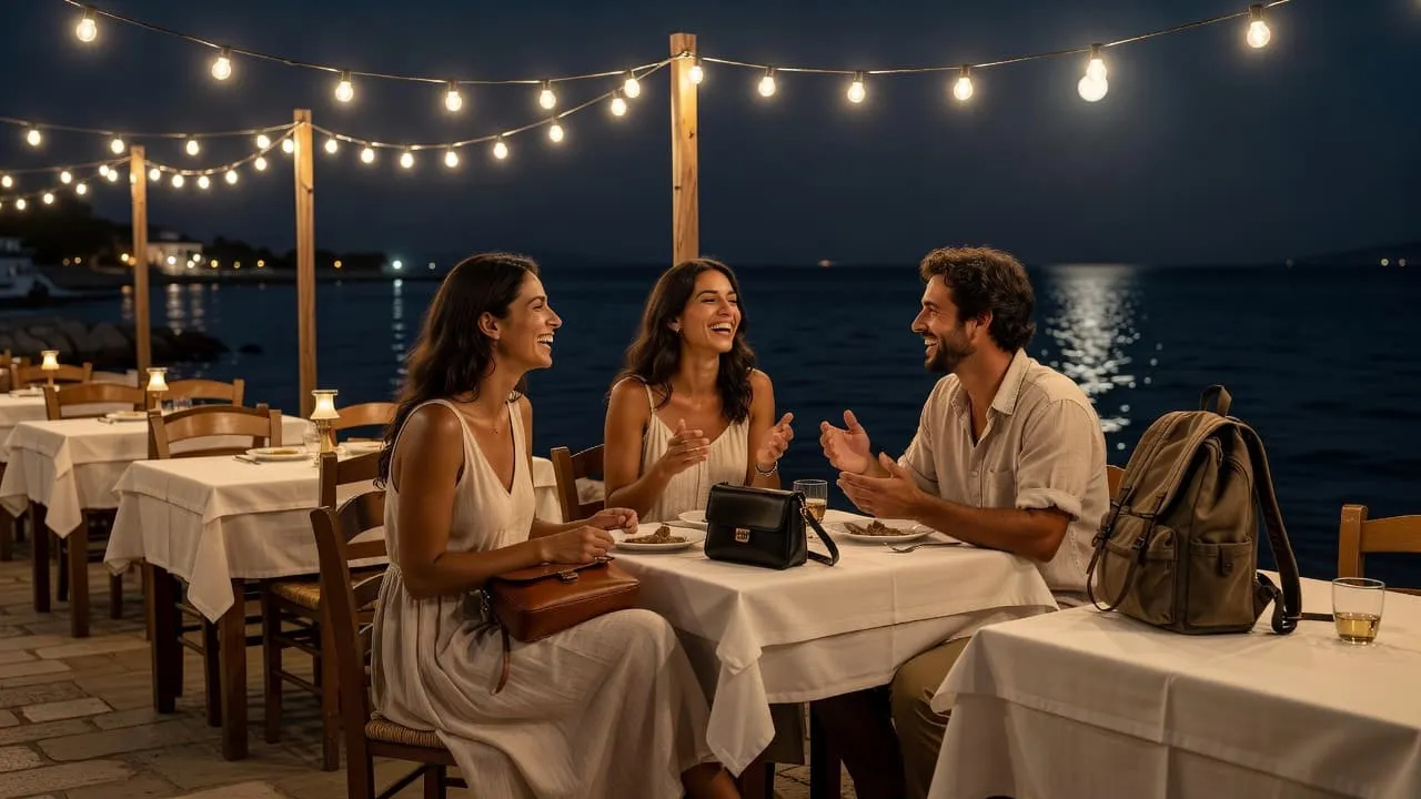 Three friends laugh together at a seaside restaurant table illuminated by glowing string lights overlooking the dark Aegean sea.