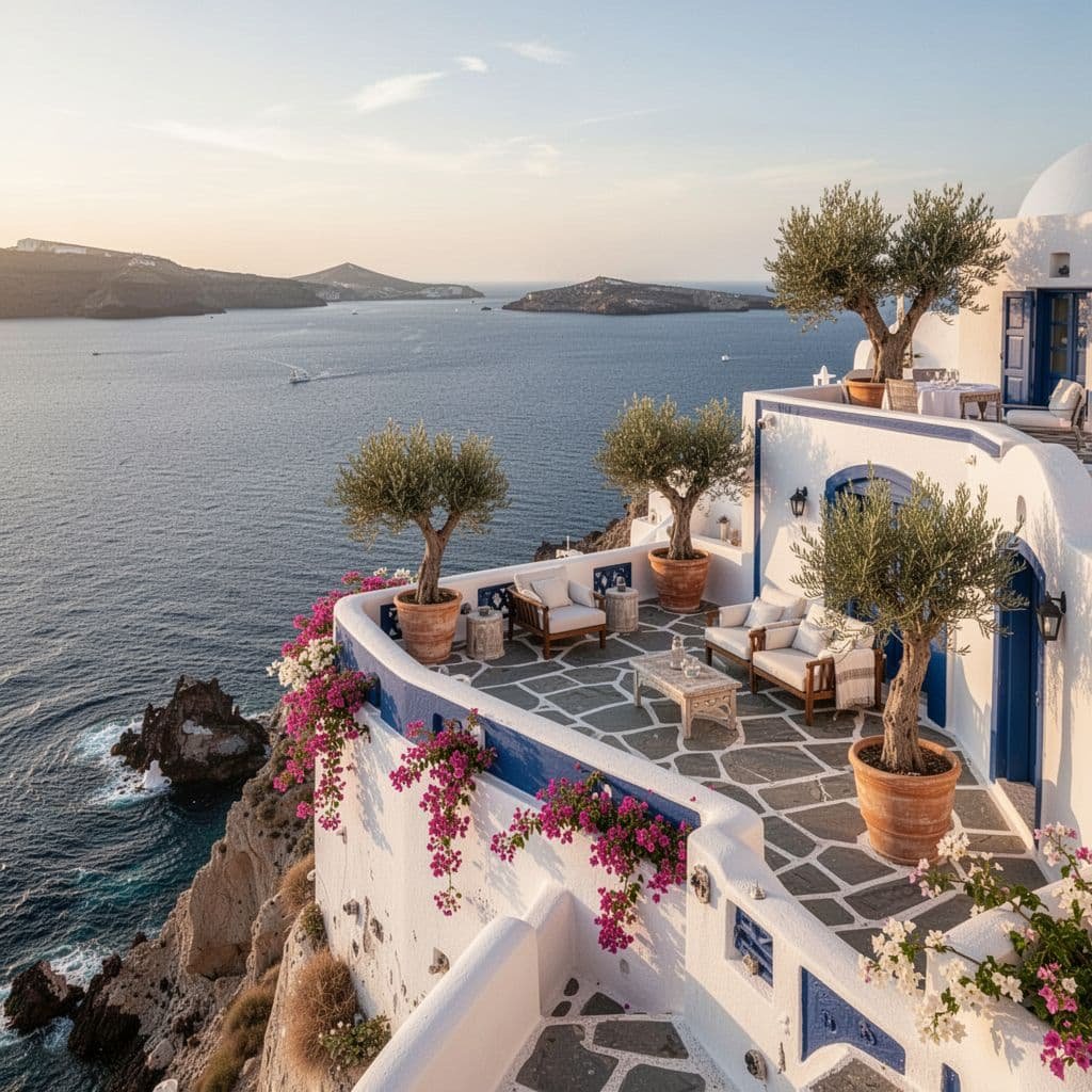 A serene seaside terrace in Greece offering stunning ocean views with traditional white architecture and comfortable outdoor seating.